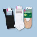 Drei Paar Damensocken auf blauem Hintergrund: schwarze Socken, weiße Sneaker-Socken & hautfarbene Ballerina-Socken.